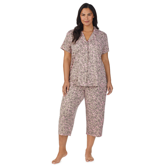   Leopard with Pink;Model is wearing size 1X. She is 5'10", Bust 40", Waist 33", Hips 47"@A lady wearing   leopard pink Short Sleeve plus Pajama Set