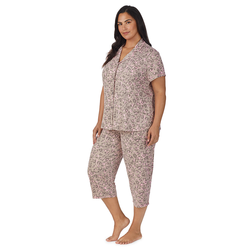 Sueded Poly Spandex Short Sleeve Notch 2 Pc Pajama Set PLUS