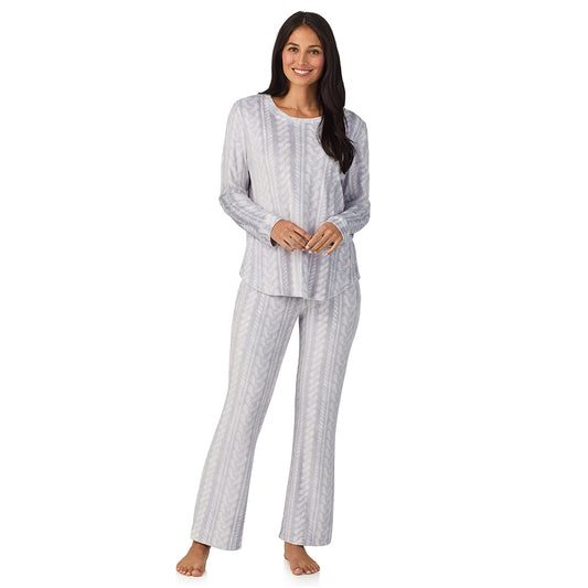A lady wearing Silky Velour Long Sleeve Pullover with Boot Cut Pant 2-Pc Pajama Set