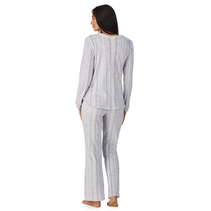 A lady wearing Silky Velour Long Sleeve Pullover with Boot Cut Pant 2-Pc Pajama Set