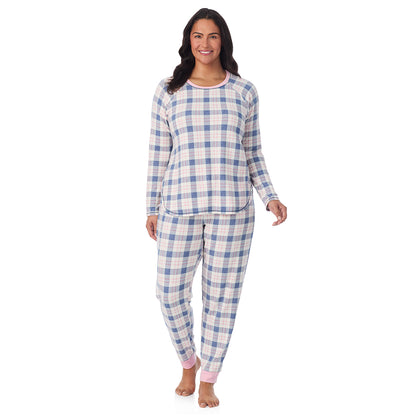A lady wearing Brushed Sweater Knit Long Sleeve Top with Jogger 2-Pc Pajama Set PLUS