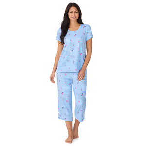 A lady wearing Cotton-Blend Short Sleeve Top with Cropped Pant 2-Pc Pajama Set in Ditsy Gingham