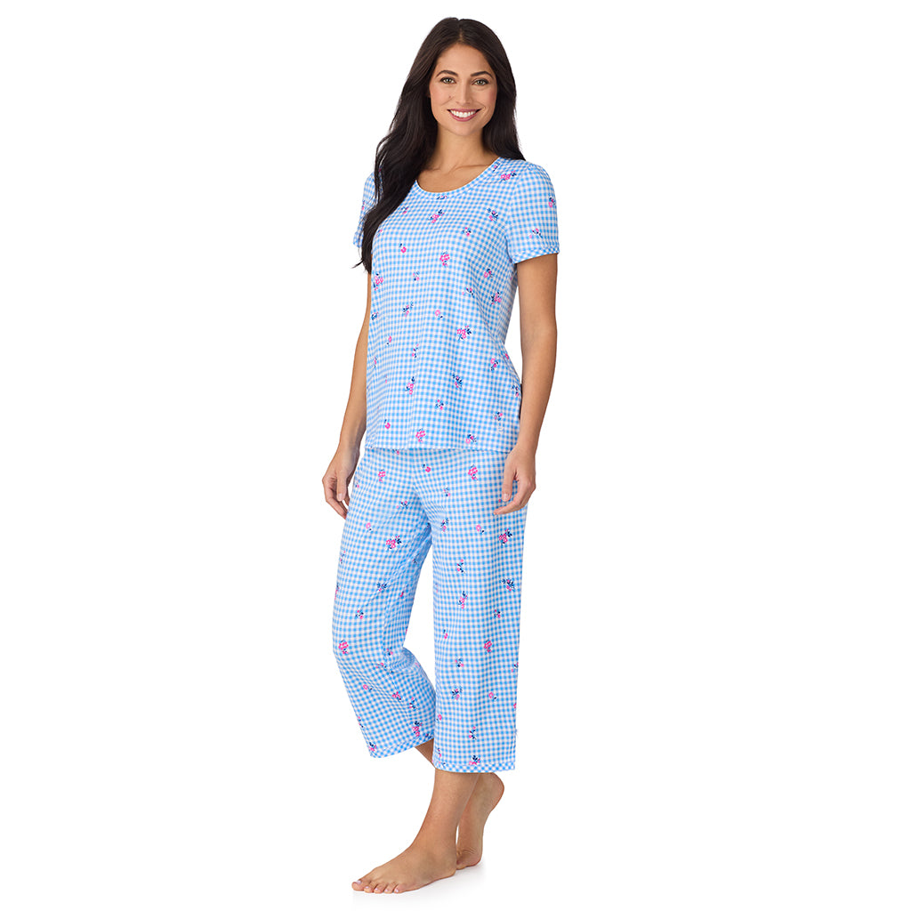 A lady wearing Cotton-Blend Short Sleeve Top with Cropped Pant 2-Pc Pajama Set in Ditsy Gingham