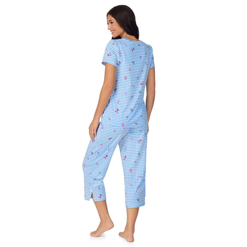 Ditsy Gingham; Model is wearing size S. She is 5'8.5", Bust 32", Waist 25", Hips 36". @A lady wearing Cotton-Blend Short Sleeve Top with Cropped Pant 2-Pc Pajama Set in Ditsy Gingham