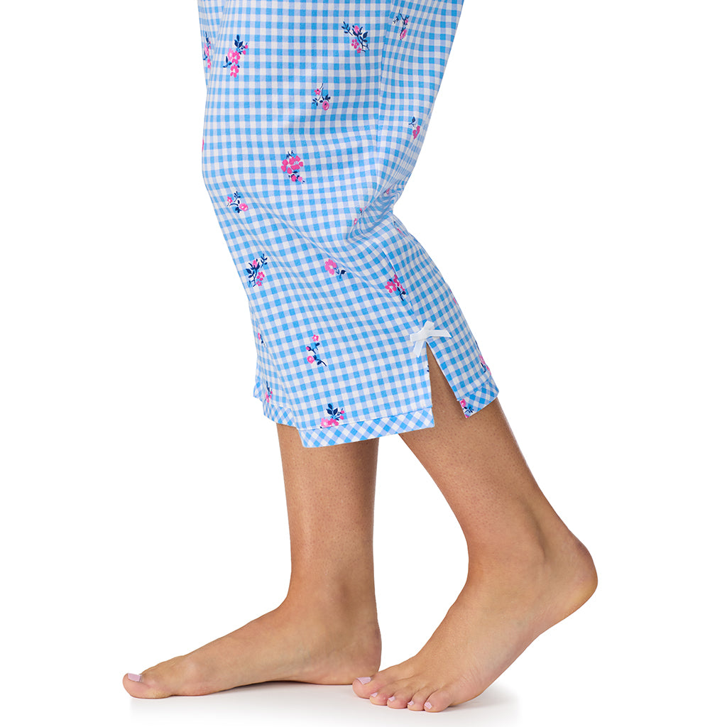 A lady wearing Cotton-Blend Short Sleeve Top with Cropped Pant 2-Pc Pajama Set in Ditsy Gingham