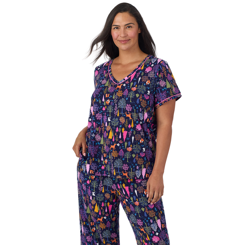 A lady wearing Cotton-Blend Short Sleeve Top with Cropped Pant Pajama Set PLUS in Navy Woodland closer look