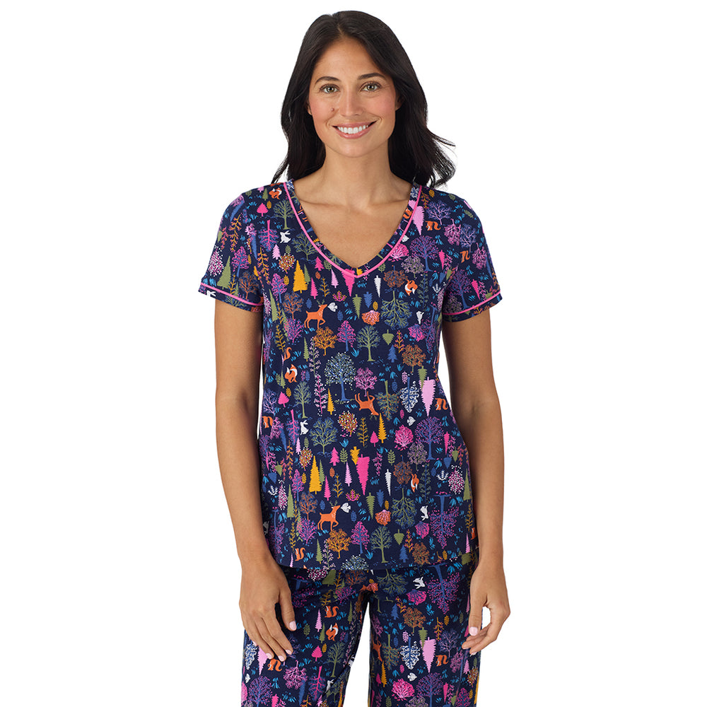 A lady wearing Cotton-Blend Short Sleeve Top with Cropped Pant Pajama Set in Navy Woodland closer look