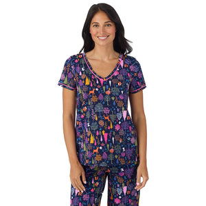 A lady wearing Cotton-Blend Short Sleeve Top with Cropped Pant Pajama Set in Navy Woodland closer look
