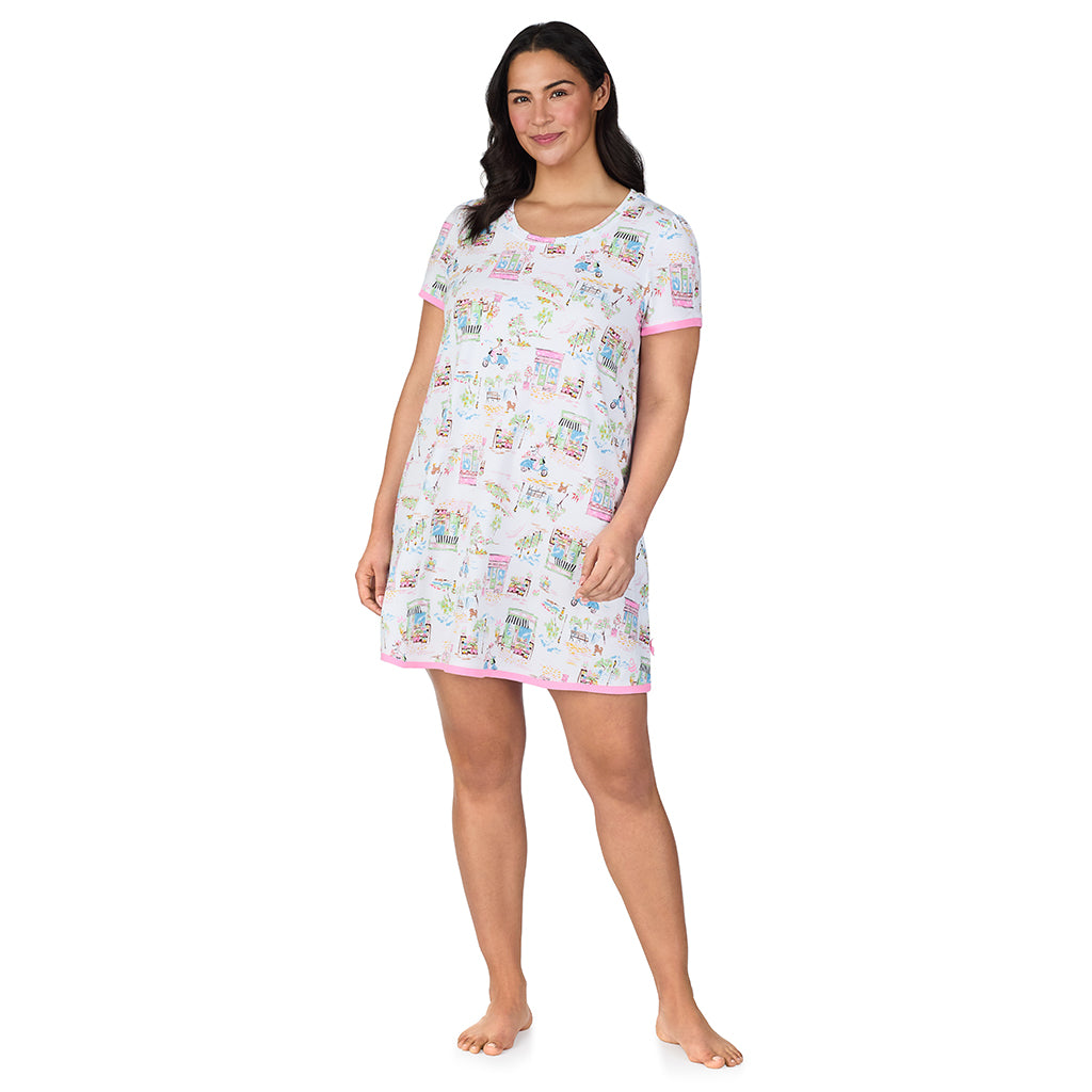 A lady wearing Cotton-Blend Short Sleeve Sleep Shirt PLUS in Spring Scene
