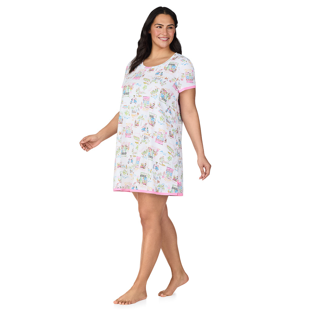 Spring Scene; Model is wearing size 1X. She is 5'10", Bust 40", Waist 33", Hips 47". @A lady wearing Cotton-Blend Short Sleeve Sleep Shirt PLUS in Spring Scene