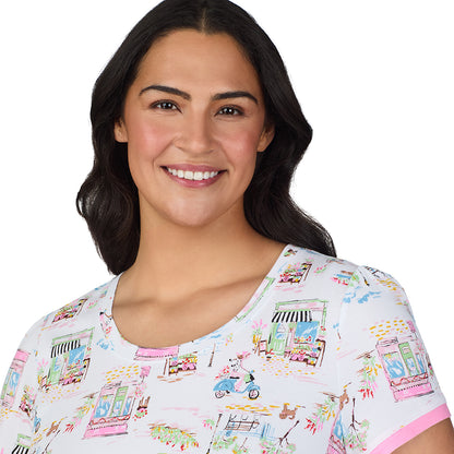 A lady wearing Cotton-Blend Short Sleeve Sleep Shirt PLUS in Spring Scene