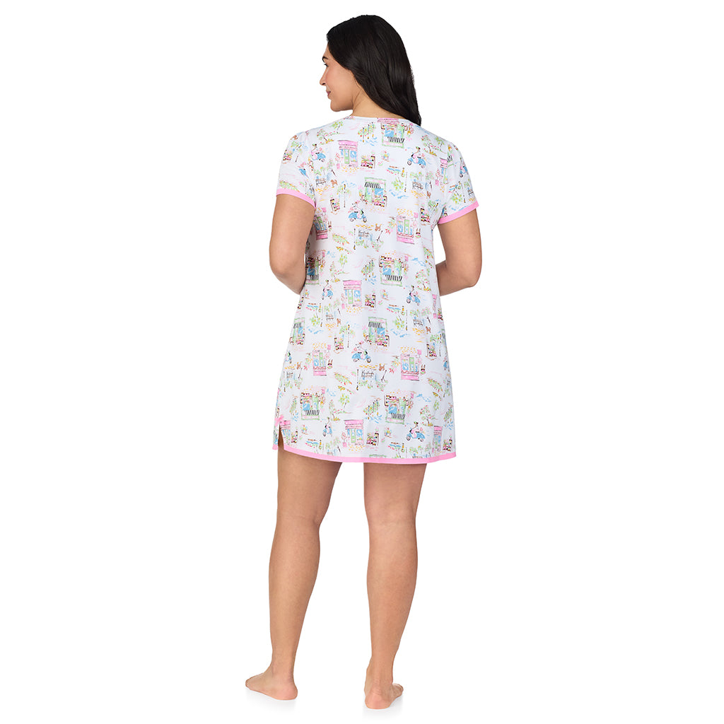 Spring Scene; Model is wearing size 1X. She is 5'10", Bust 40", Waist 33", Hips 47". @A lady wearing Cotton-Blend Short Sleeve Sleep Shirt PLUS in Spring Scene