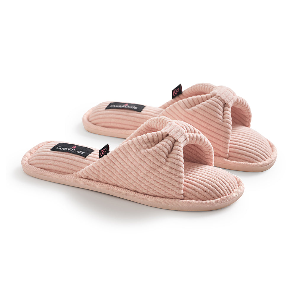 A pair of light pink Gathered Corduroy Slide Slipper