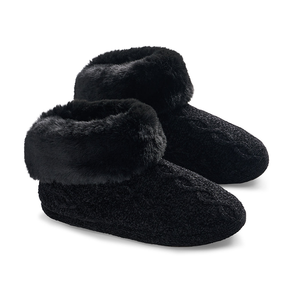 Black;@Chenille Cable Knit Bootie Slipper