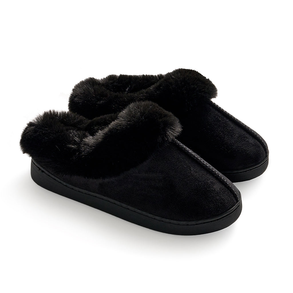 Black;@Microsuede Clog Slipper with Sherpa Lining