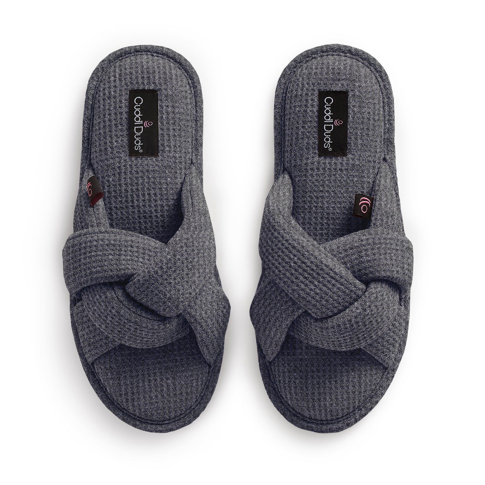 Black;@A heather waffle braid slide slipper.