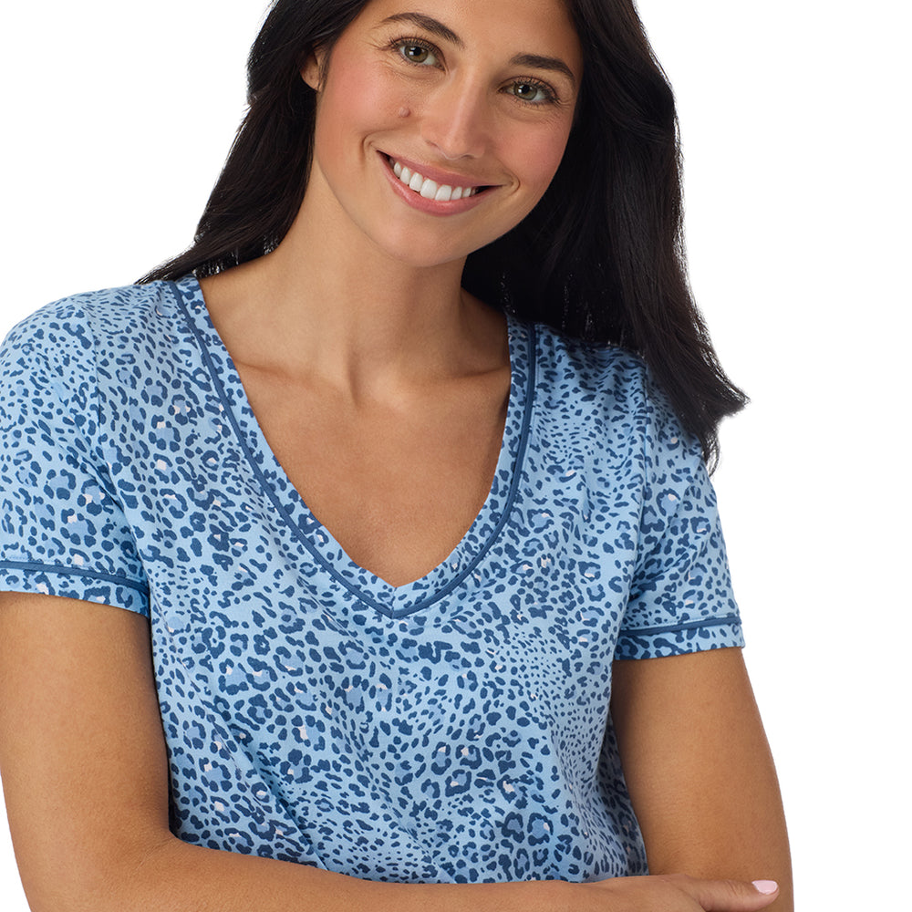 A lady wearing Cotton-Blend Short Sleeve Top with Cropped Pant Pajama Set in Blue Animal closer look