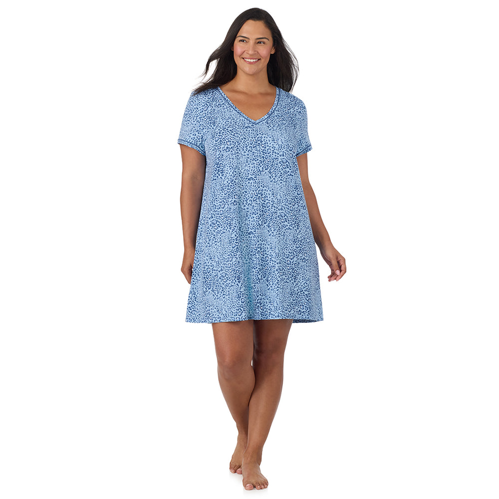 A lady wearing Cotton-Blend Short Sleeve Sleep Shirt PLUS in Blue animal looking front