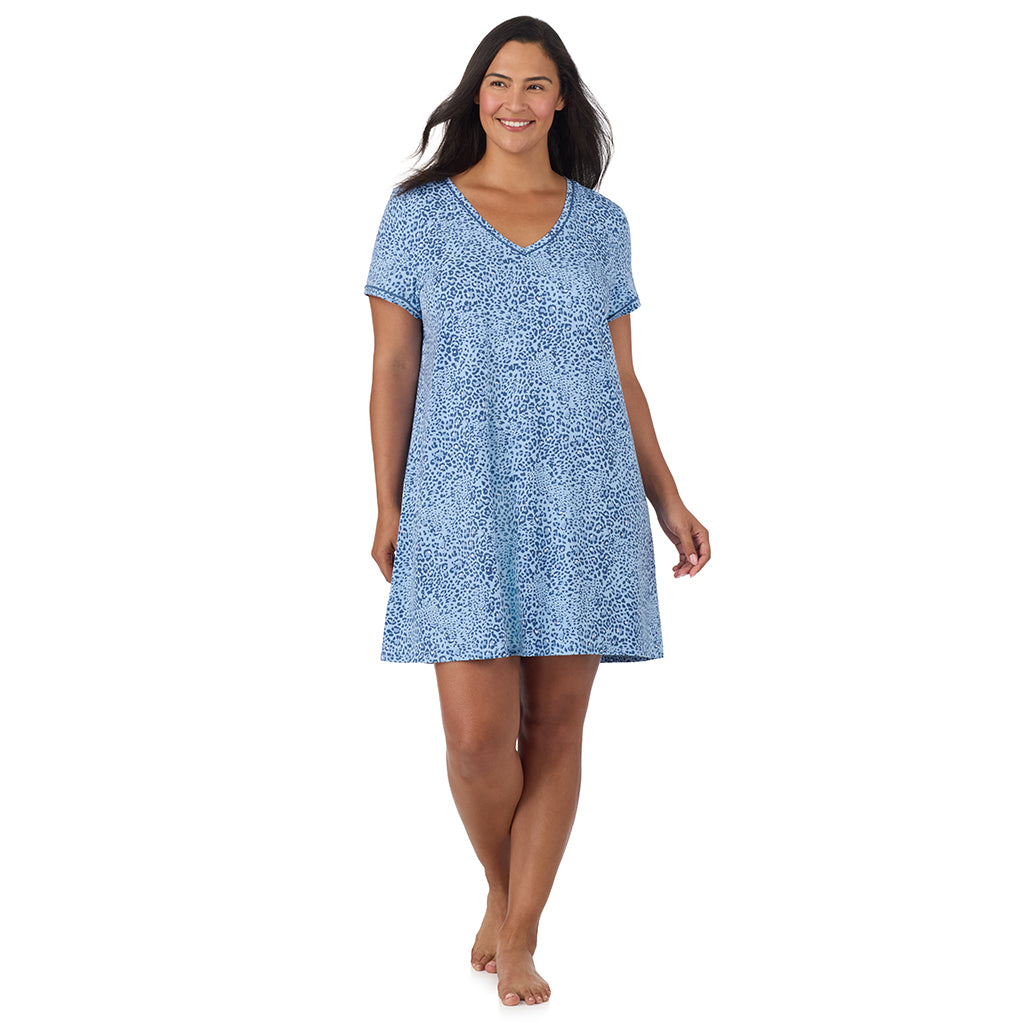 Blue animal; Model is wearing size 1X. She is 5'10", Bust 40", Waist 33", Hips 47". @A lady wearing Cotton-Blend Short Sleeve Sleep Shirt PLUS in Blue animal