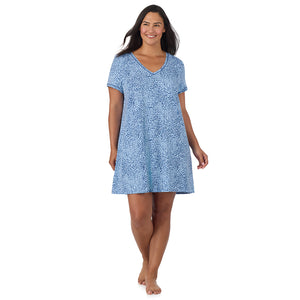 A lady wearing Cotton-Blend Short Sleeve Sleep Shirt PLUS in Blue animal looking front 