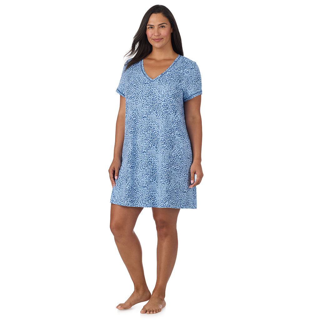 Blue animal; Model is wearing size 1X. She is 5'10", Bust 40", Waist 33", Hips 47". @A lady wearing Cotton-Blend Short Sleeve Sleep Shirt PLUS in Blue animal