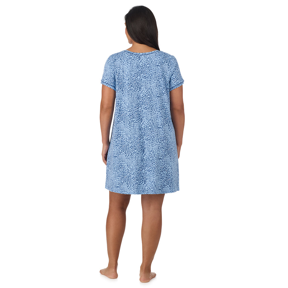 A lady wearing Cotton-Blend Short Sleeve Sleep Shirt PLUS in Blue animal back view