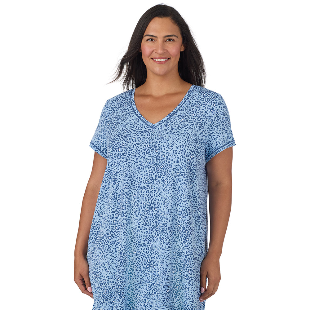 A lady wearing Cotton-Blend Short Sleeve Sleep Shirt PLUS in Blue animal closer look