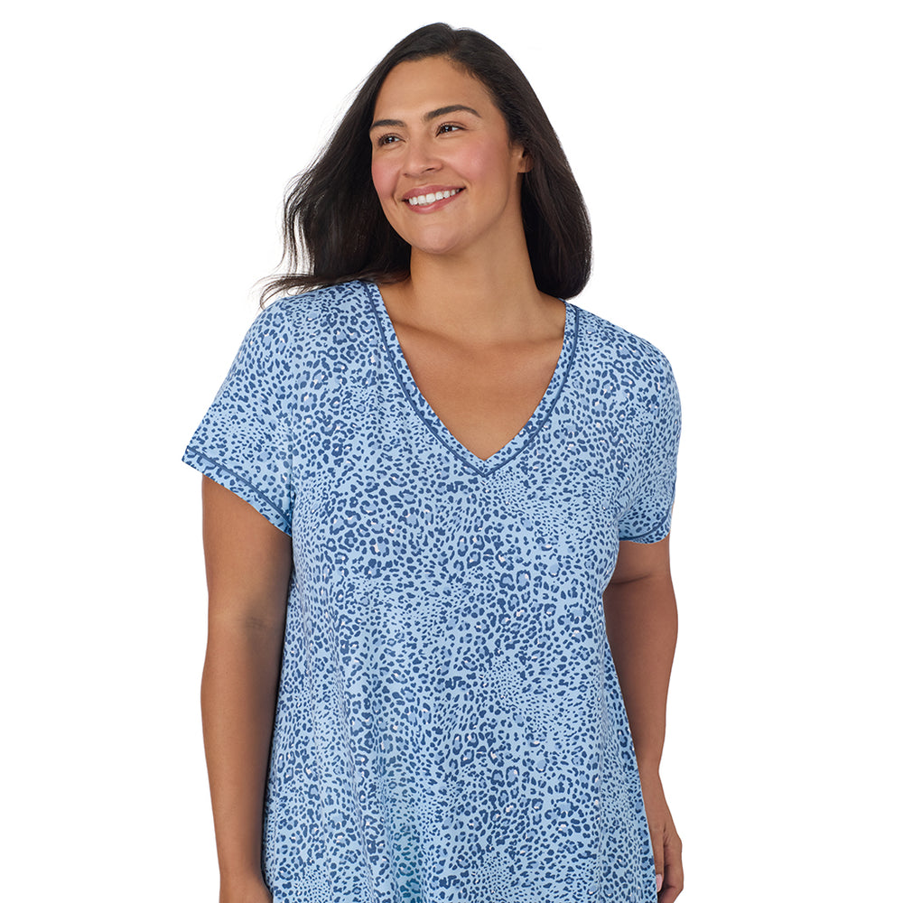 A lady wearing Cotton-Blend Short Sleeve Sleep Shirt PLUS in Blue animal closer look looking side