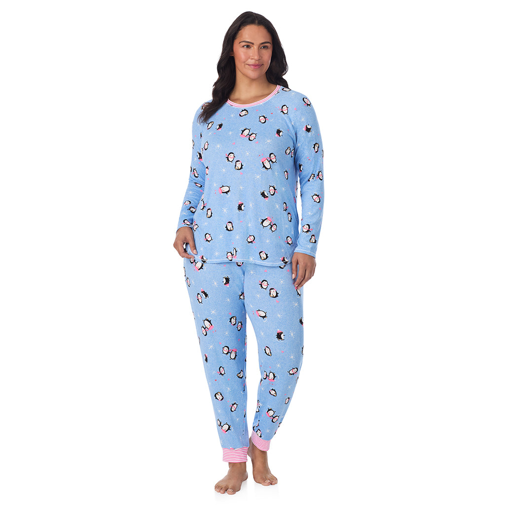 Blue Penguin;Model is wearing size 1X. She is 5'10", Bust 40", Waist 33", Hips 47".@A lady wearing Brushed Sweater Knit Long Sleeve Top with Jogger 2-Pc Pajama Set PLUS