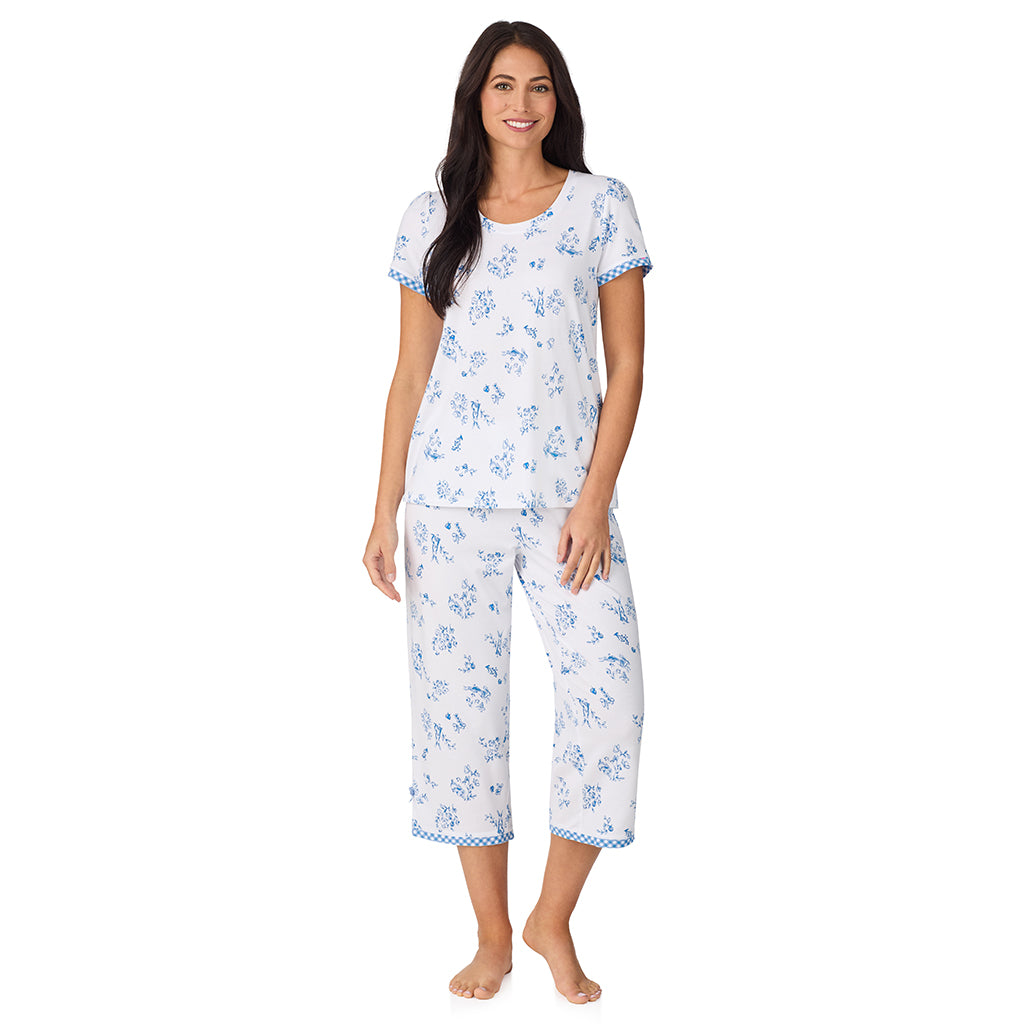 Rabbit; Model is wearing size S. She is 5'8.5", Bust 32", Waist 25", Hips 36". @A lady wearing Cotton-Blend Short Sleeve Top with Cropped Pant 2-Pc Pajama Set in Rabbit