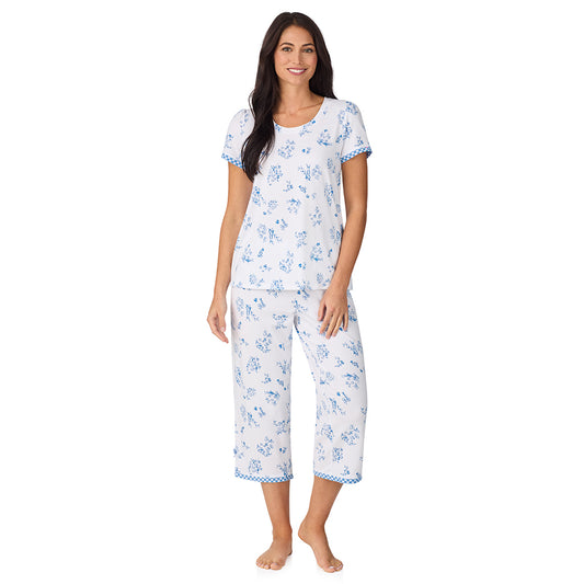 A lady wearing Cotton-Blend Short Sleeve Top with Cropped Pant 2-Pc Pajama Set in Rabbit