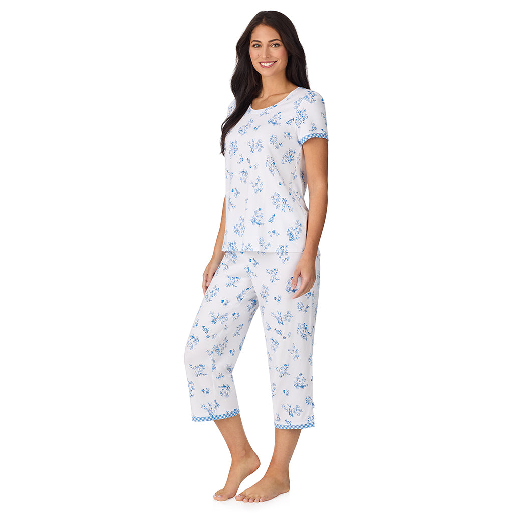 A lady wearing Cotton-Blend Short Sleeve Top with Cropped Pant 2-Pc Pajama Set in Rabbit