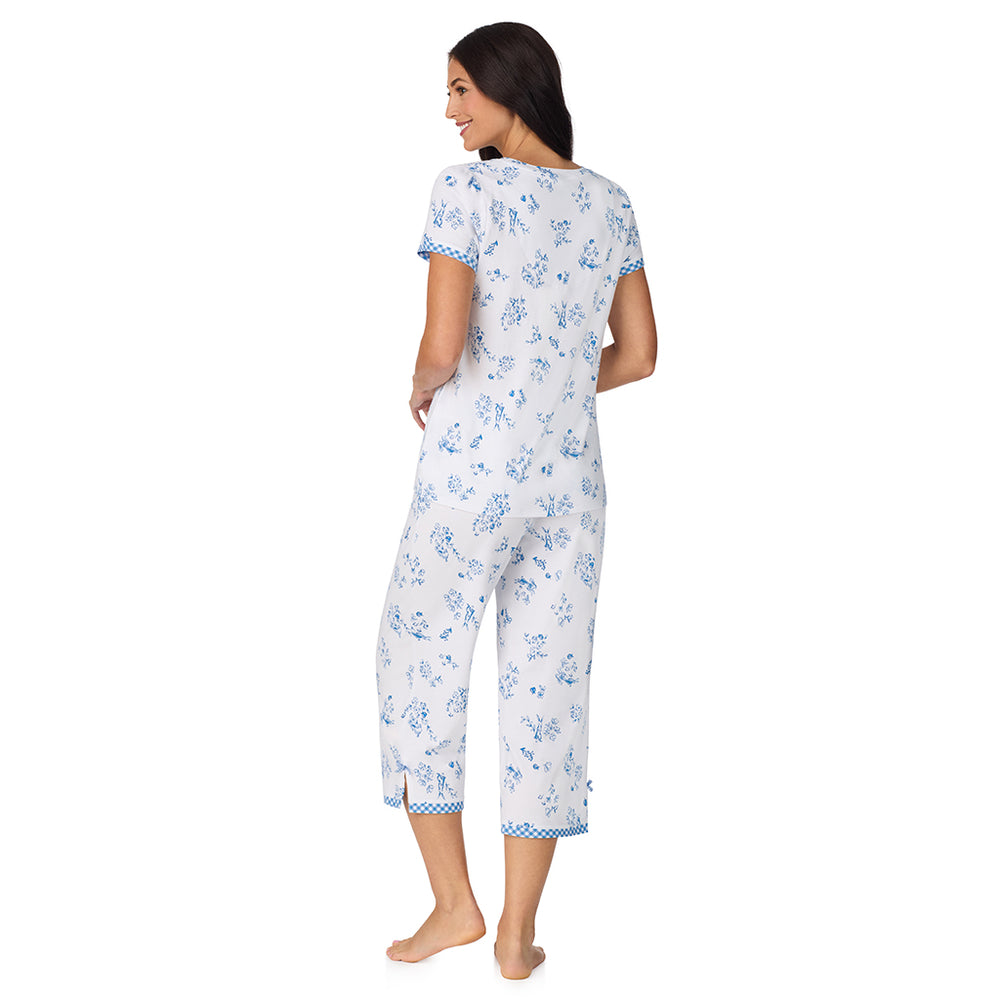A lady wearing Cotton-Blend Short Sleeve Top with Cropped Pant 2-Pc Pajama Set in Rabbit