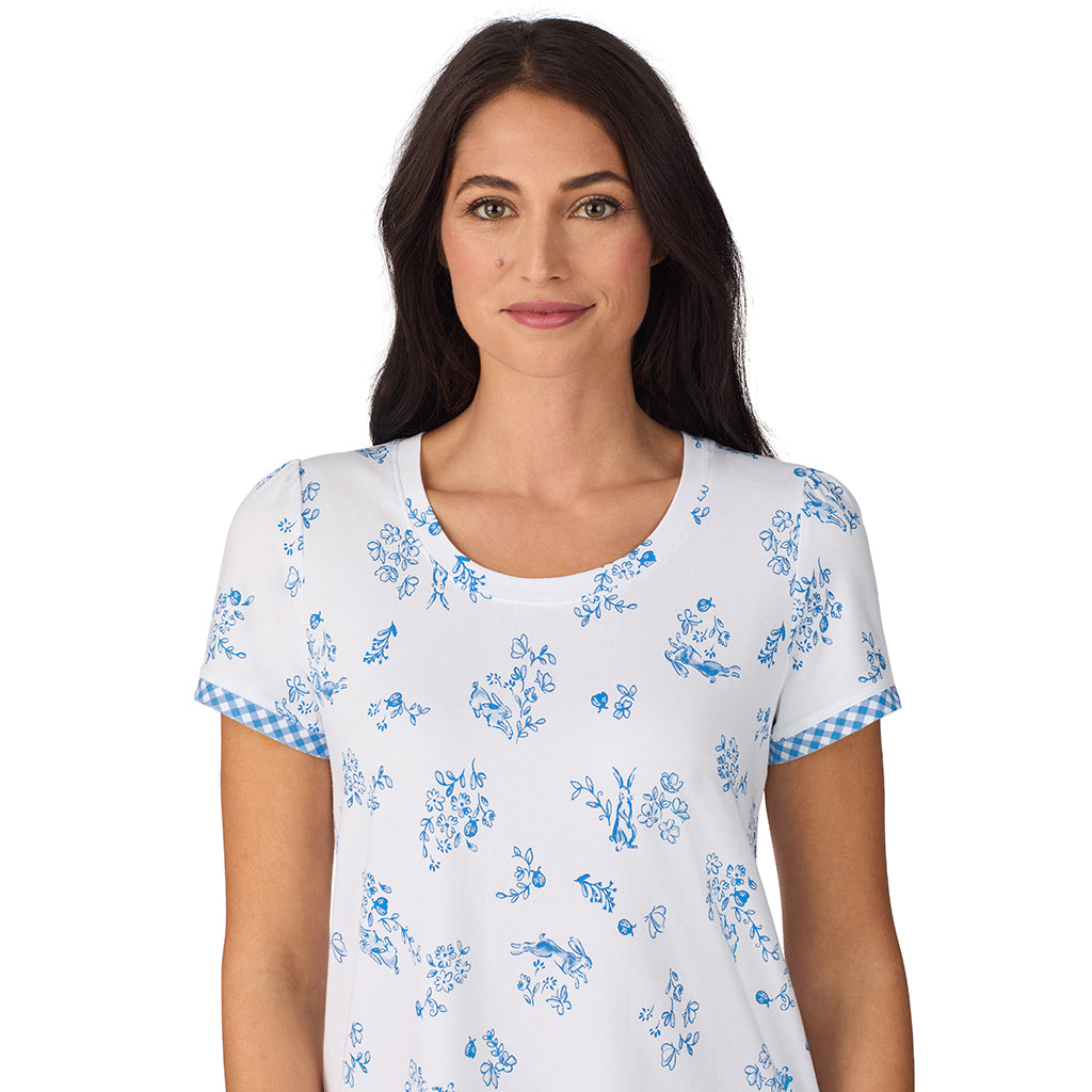 A lady wearing Cotton-Blend Short Sleeve Top with Cropped Pant 2-Pc Pajama Set in Rabbit