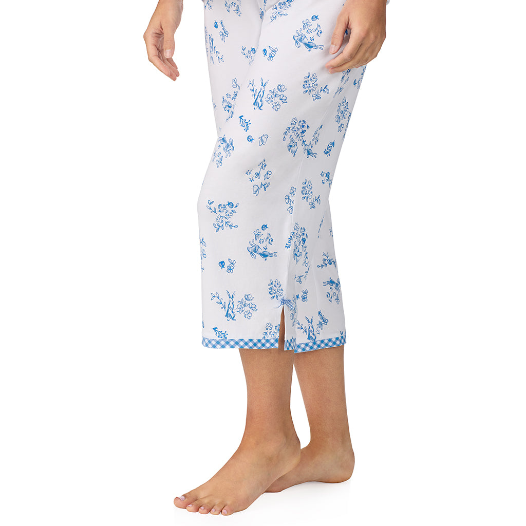 A lady wearing Cotton-Blend Short Sleeve Top with Cropped Pant 2-Pc Pajama Set in Rabbit