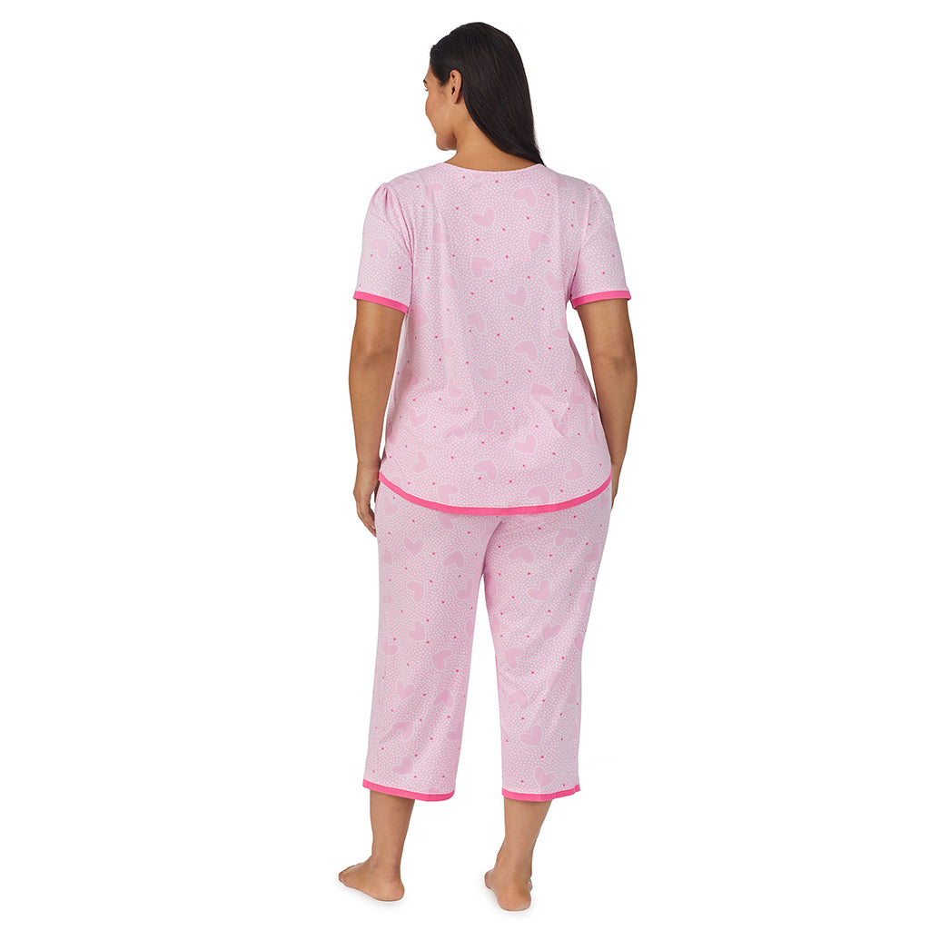 Small Pink Hearts;Model is wearing size 1X. She is 5'10", Bust 40", Waist 33", Hips 47".@A lady wearing  pink  Short Sleeve Crew Neck plus Pajama Set