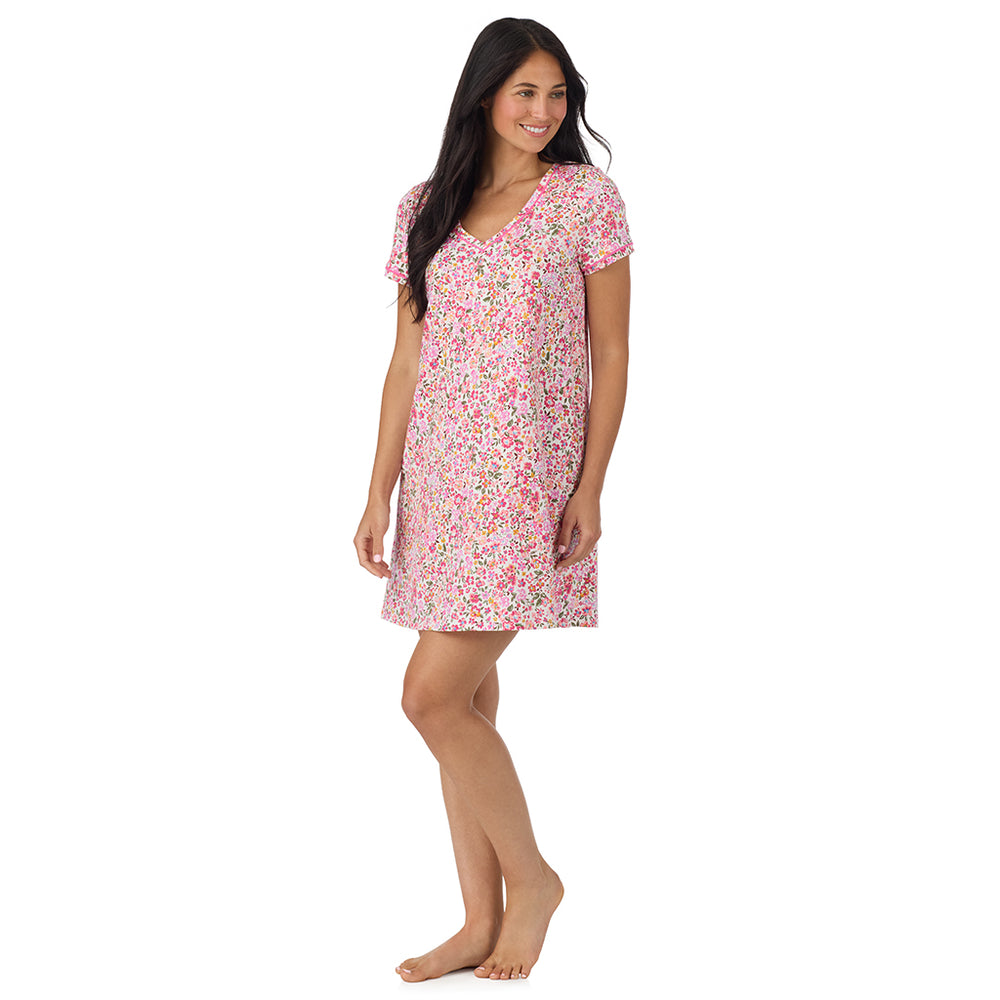 A lady wearing Cotton-Blend Short Sleeve Sleep Shirt in Floral Pink Ditsy looking side