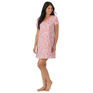 A lady wearing Cotton-Blend Short Sleeve Sleep Shirt in Floral Pink Ditsy looking side