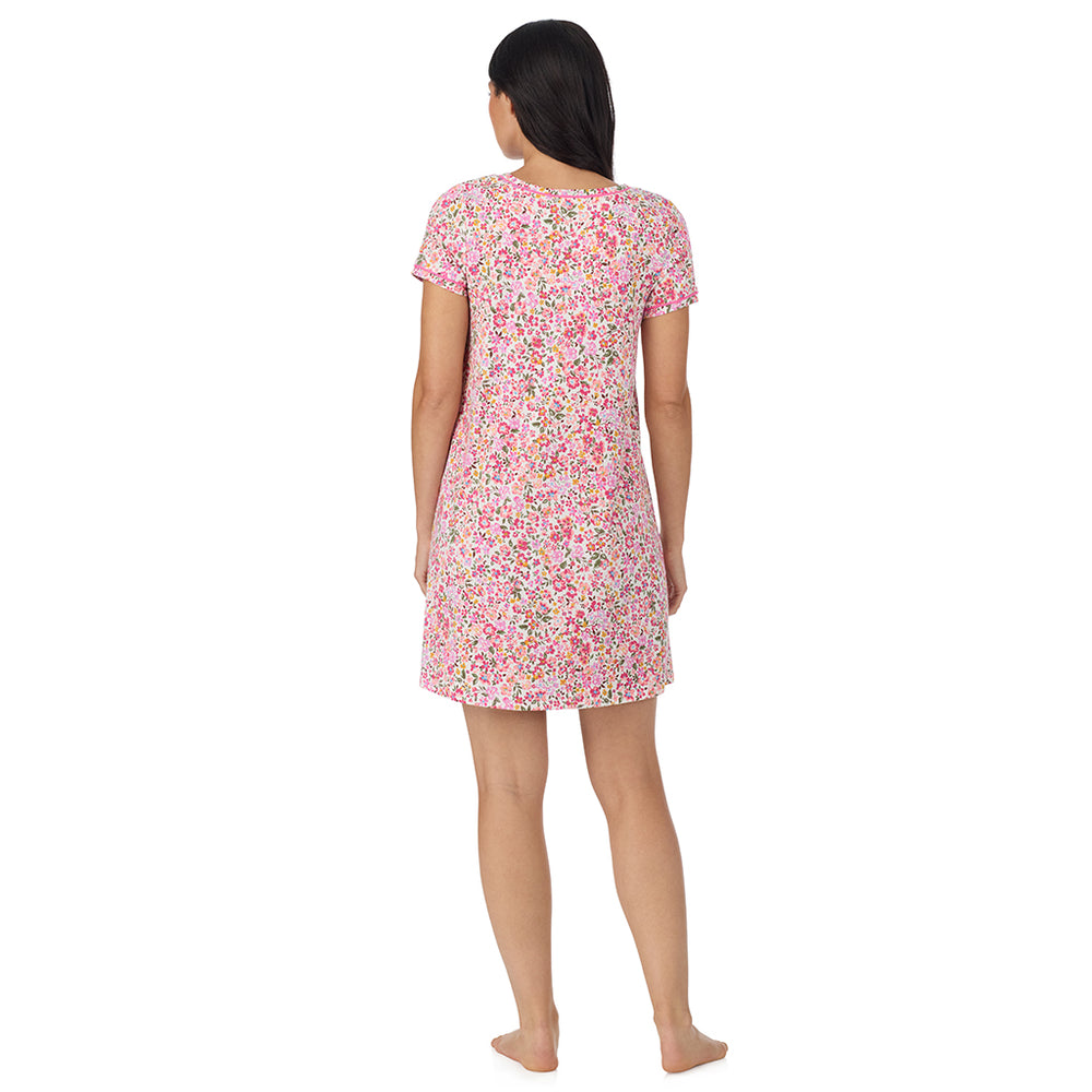 A lady wearing Cotton-Blend Short Sleeve Sleep Shirt in Floral Pink Ditsy back view