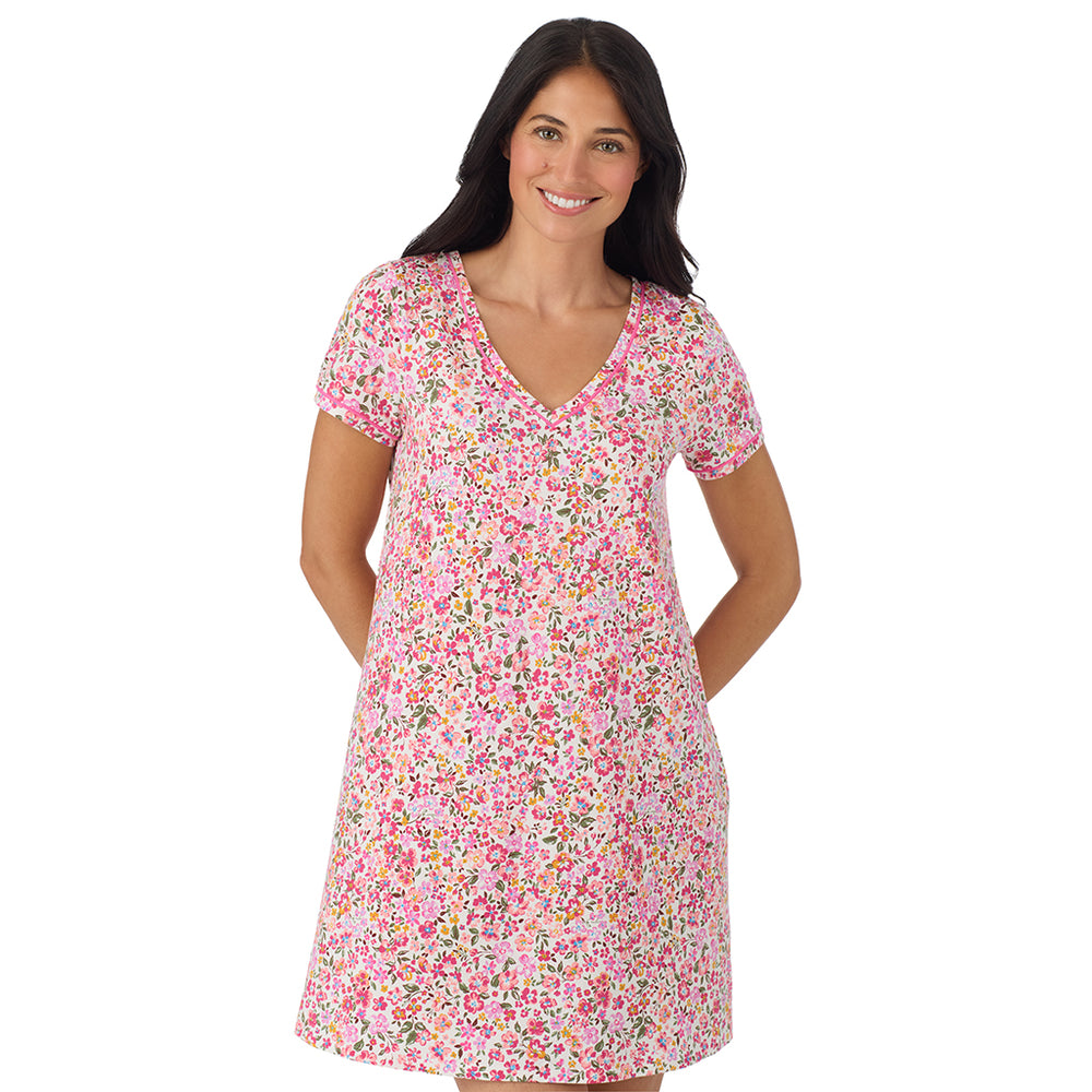 A lady wearing Cotton-Blend Short Sleeve Sleep Shirt in Floral Pink Ditsy closer look smiling