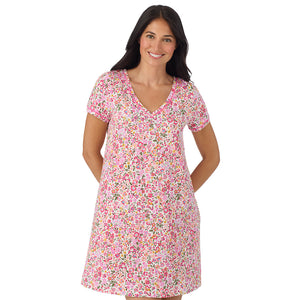 A lady wearing Cotton-Blend Short Sleeve Sleep Shirt in Floral Pink Ditsy closer look smiling 