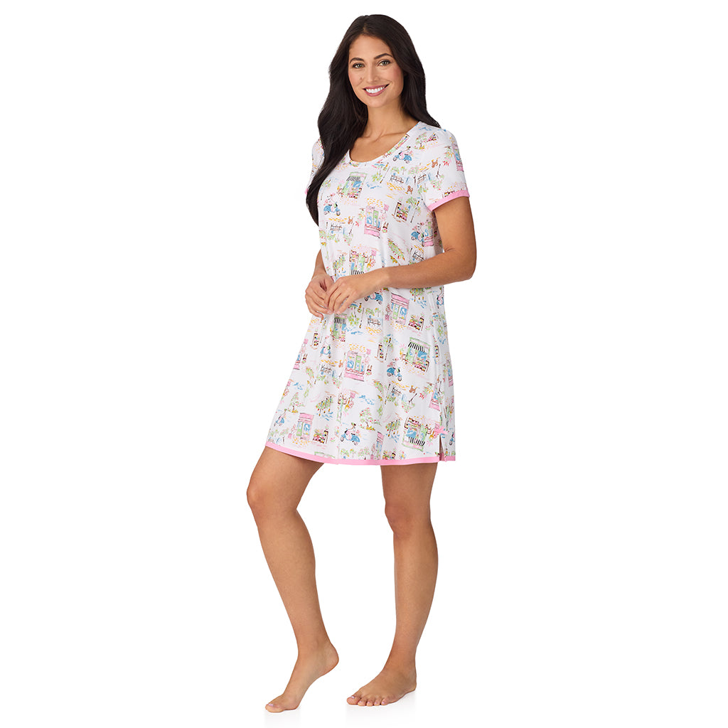 A lady wearing Cotton-Blend Short Sleeve Sleep Shirt in Spring Scene