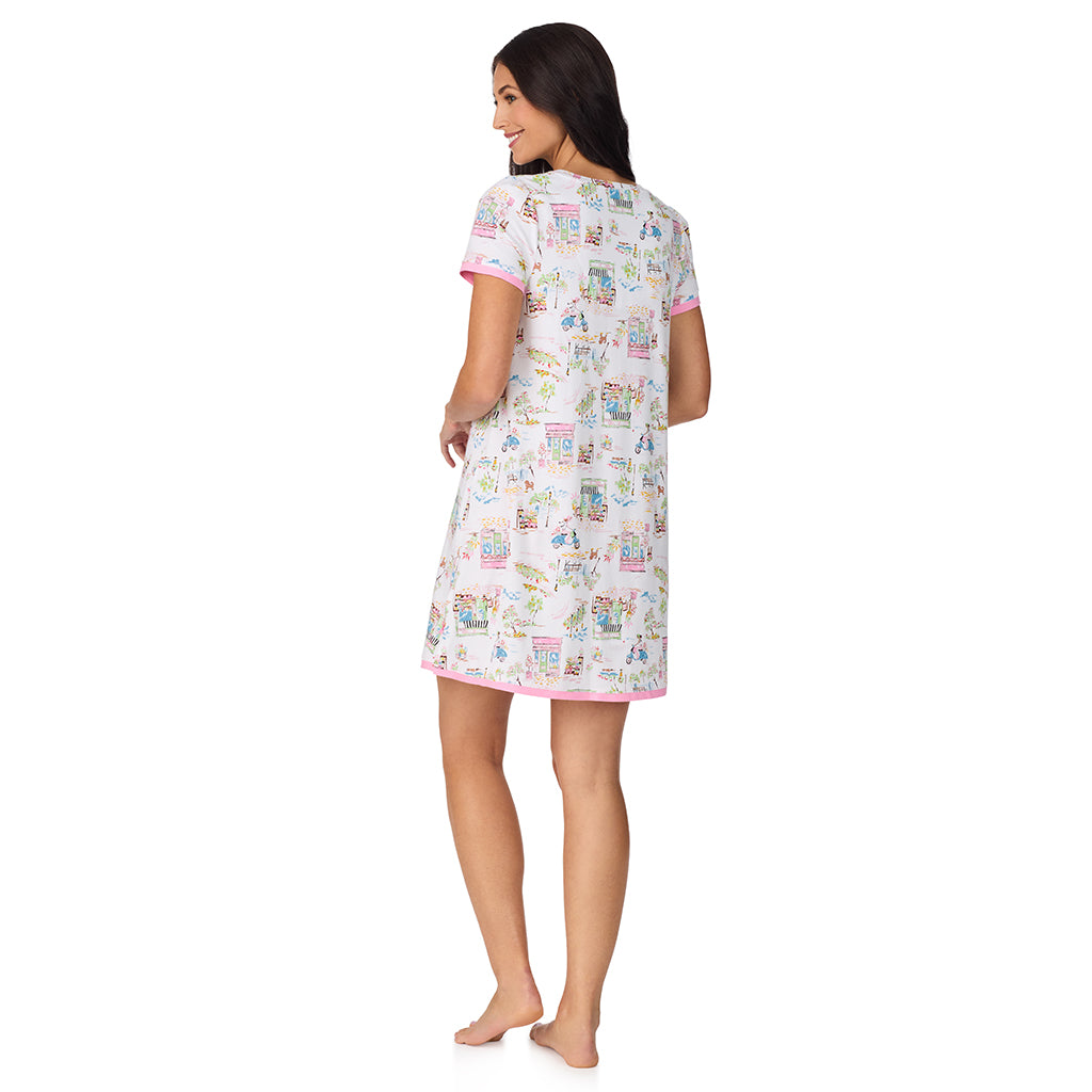 Spring Scene; Model is wearing size S. She is 5'8.5", Bust 32", Waist 25", Hips 36". @A lady wearing Cotton-Blend Short Sleeve Sleep Shirt in Spring Scene