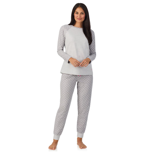 A lady wearing Brushed Mini Waffle Thermal Long Sleeve with Jogger Pajama Set