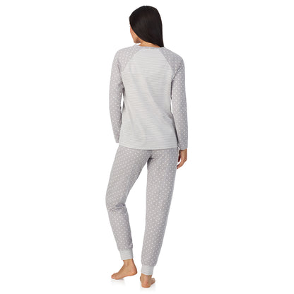 A lady wearing Brushed Mini Waffle Thermal Long Sleeve with Jogger Pajama Set