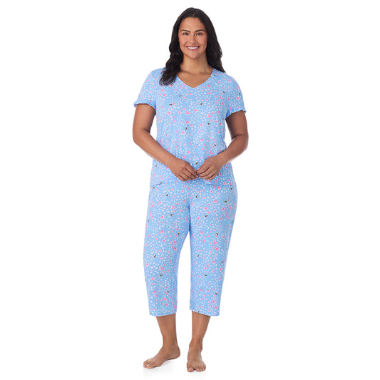 A lady wearing Cotton Rich Ruffled Short Sleeve Top with Pant Pajama Set PLUS