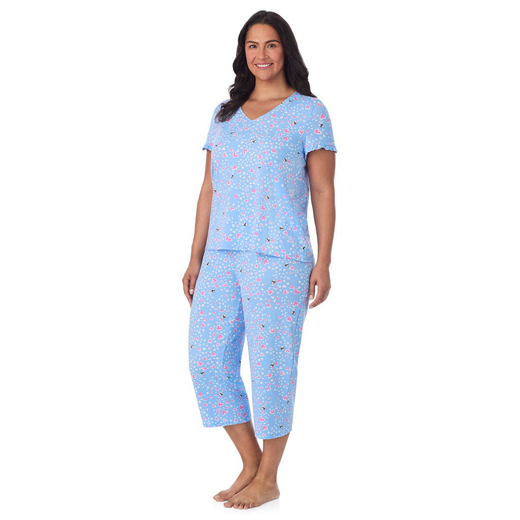 A lady wearing Cotton Rich Ruffled Short Sleeve Top with Pant Pajama Set PLUS