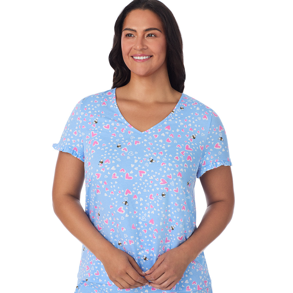 Blue Bee Heart;Model is wearing size 1X. She is 5'10", Bust 40", Waist 33", Hips 47".@A lady wearing Cotton Rich Ruffled Short Sleeve Top with Pant Pajama Set PLUS
