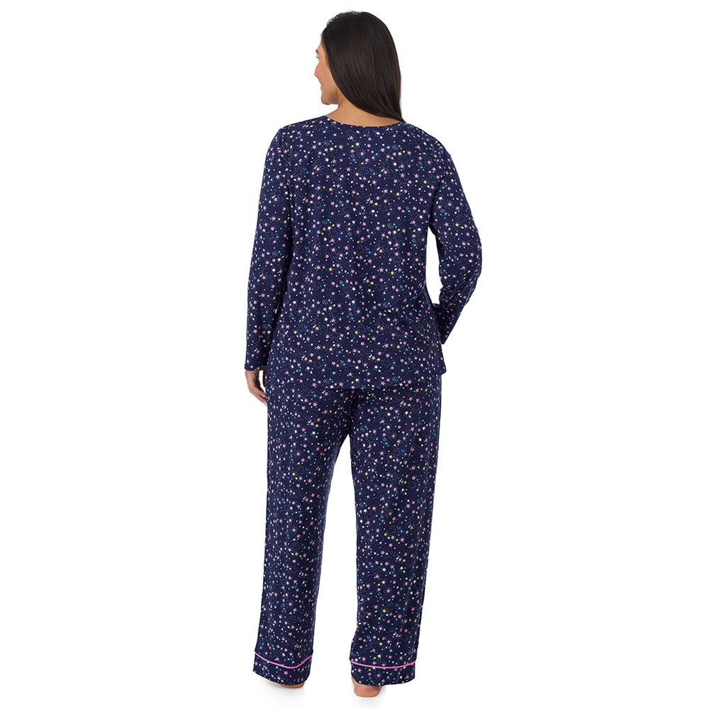 A lady wearing Cotton-Blend Short Sleeve Sleep Shirt PLUS in Navy Star Print back view