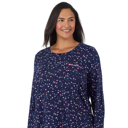 A lady wearing plus size Cotton-Blend Long Sleeve Top and Long Pant Pajama Set PLUS Navy Star Print closer look